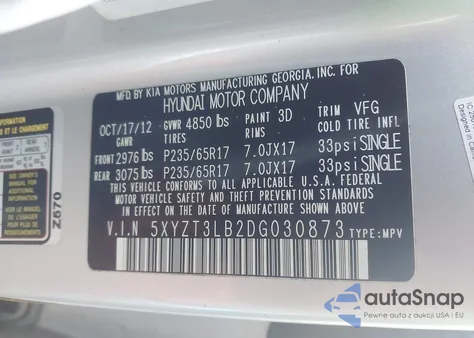 2013 Hyundai Santa Fe Sport from USA, damaged, VIN 5XYZT3LB2DG030873